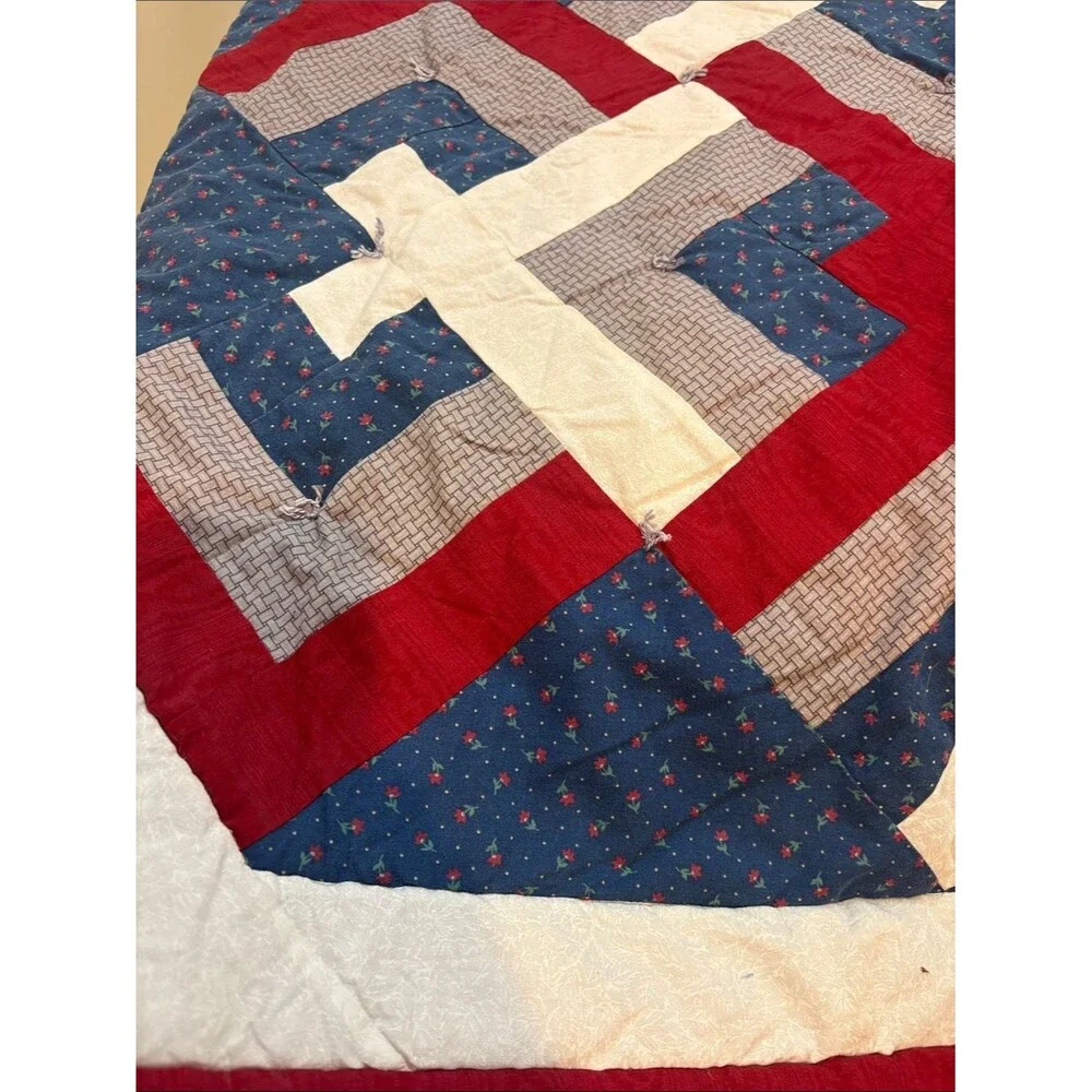 Hand Crafted Red, Blue & Cream Geometric Patchwork Quilt